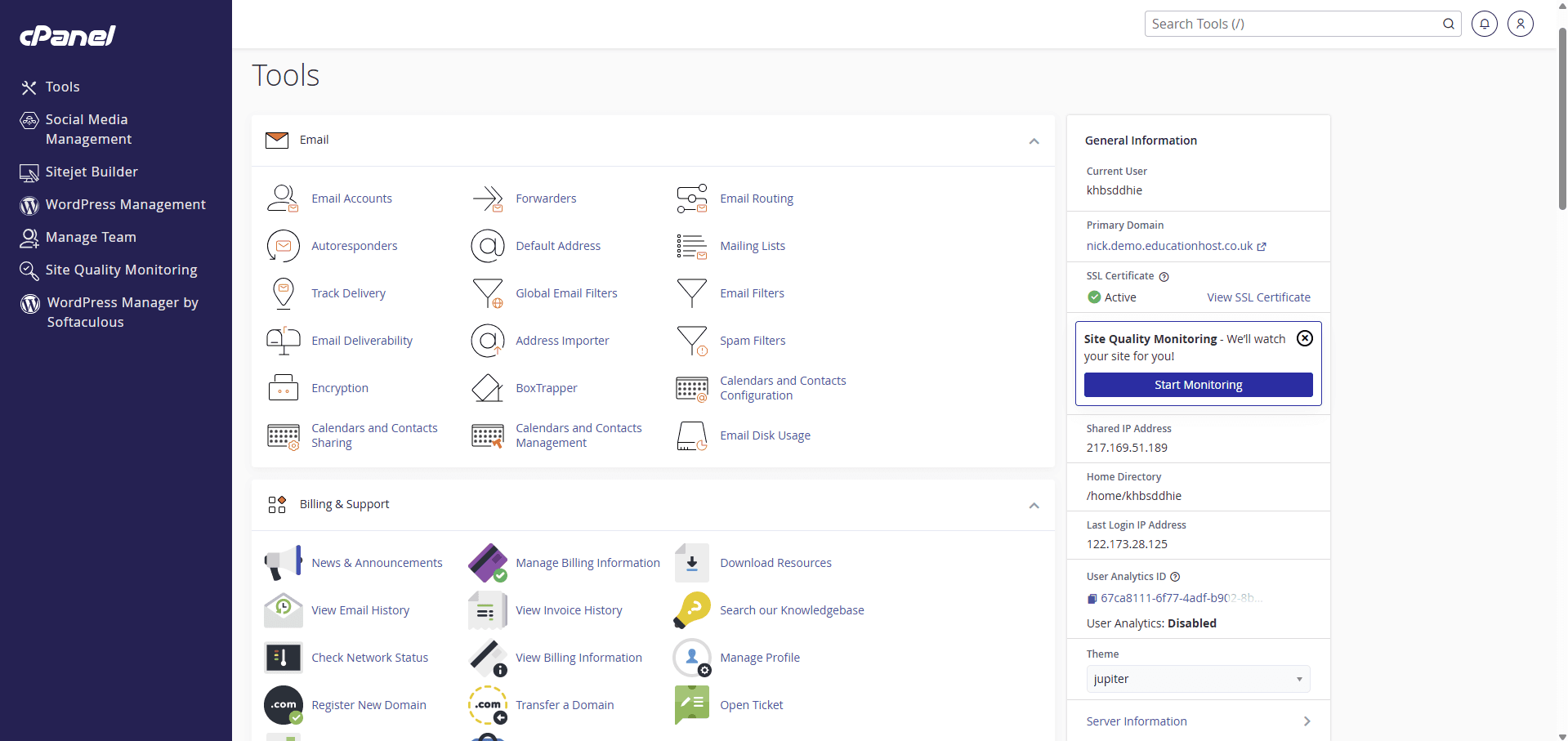 cPanel interface on Education Host hosting showing WordPress management tooling alongside email accounts, site builder tools and hosting account information