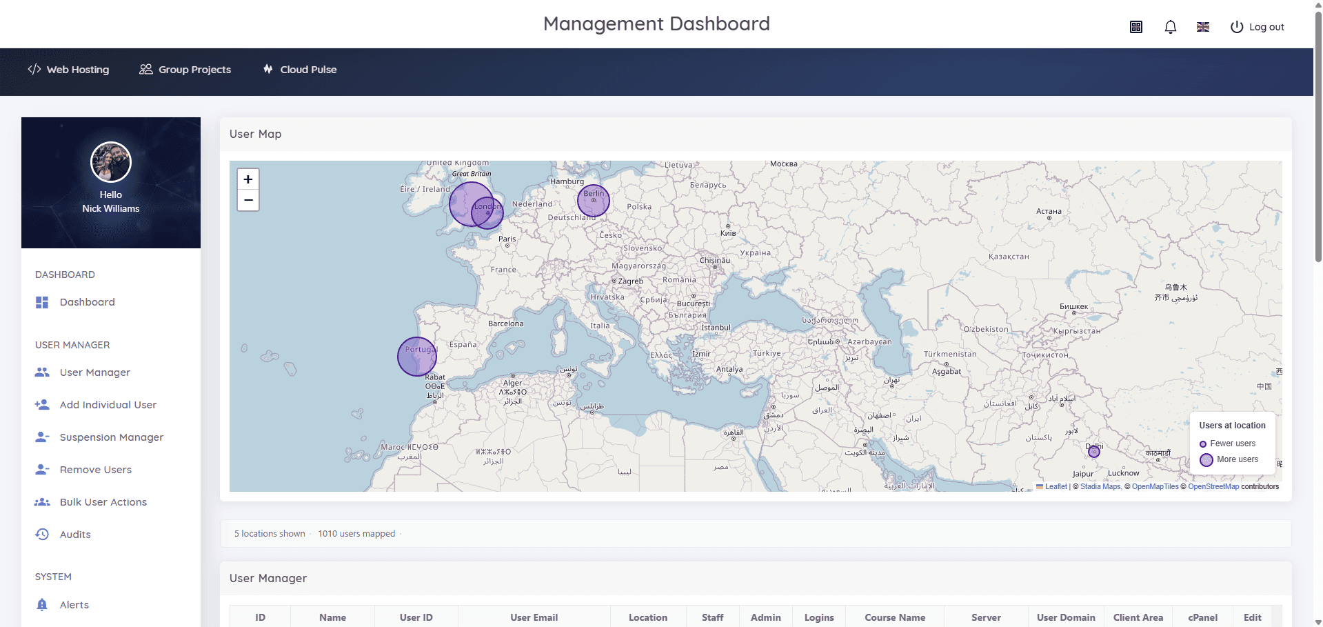 Student Web Host Manager user map showing clusters of student locations across countries and campuses